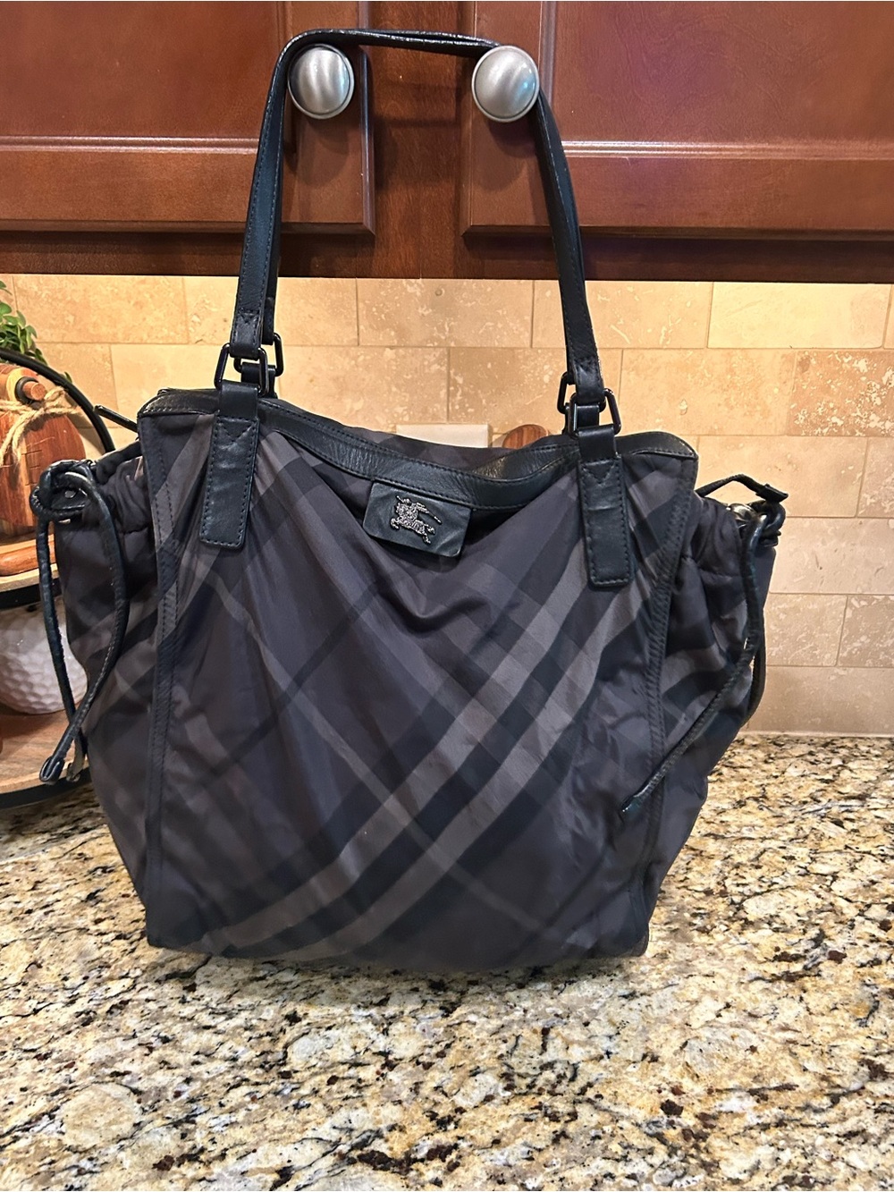 BURBERRY Black/Gray Supernova Check Nylon Buckleigh Tote Bag
